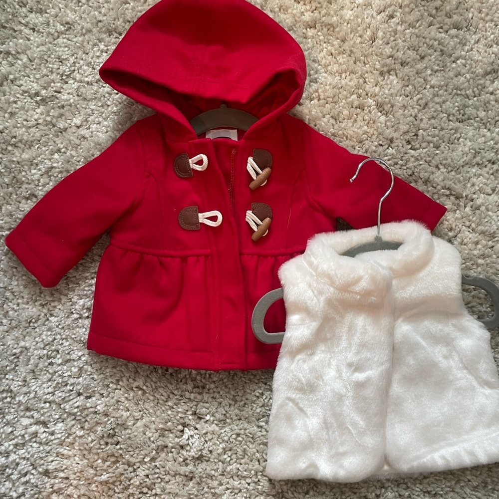 4 pc Baby Bundle cold weather - 2 dresses, 1 coat, 1 vest (Sizes 0-3, 3m)